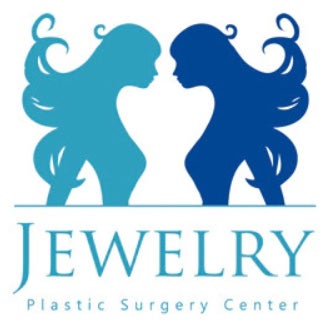 ジュエリー美容外科のロゴです。 女性キャラクターの上半身二つが線対称になるようになっている姿に、JEWELRY Plastic Surgery Centerという名前が書かれています。